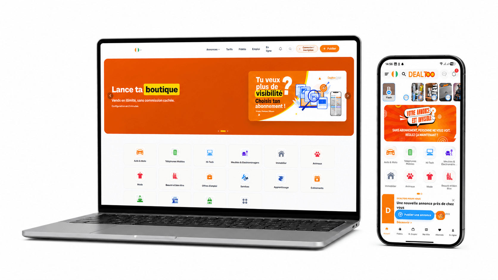 Interface Dealtoo présentée sur un ordinateur portable et un téléphone
